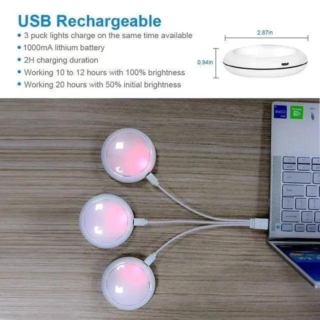 USB Rechangeable RGBW LED Cabinet Light Puck Lights 16Colors Timmer Remote Control 6 Pack