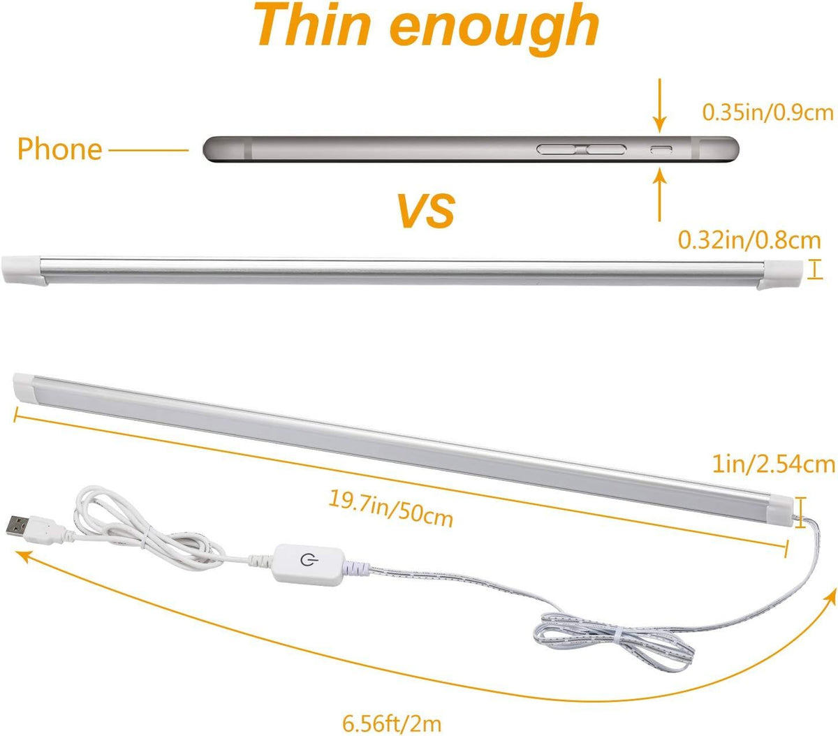 Dimmable Under Cabinet LED Lighting, Smart Touch Memory Function, 5V USB Powered LED Closet Light Bar CCT Color changing (50CM 2 Pack)