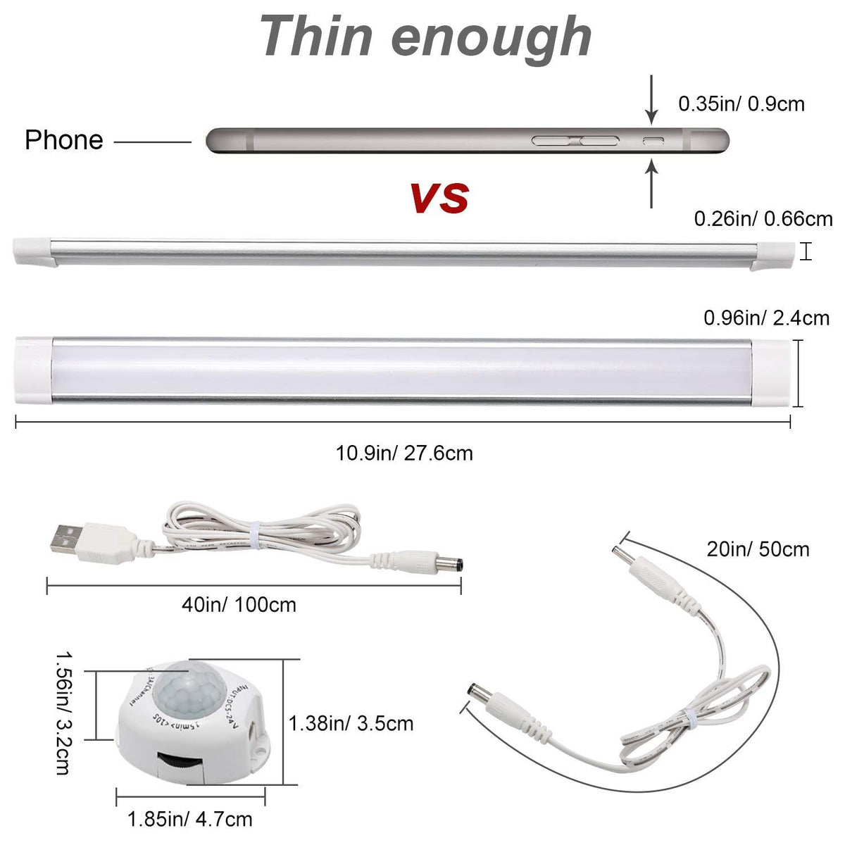 LED Motion Sensor Cabinet Light,2 Pack USB Powered Closet Night Light,20 inch Under Counter Lighting Kit with Automatic Shut Off Timer for Kitchen Pantry Wardrobe Cupboard (Natural White 4000K)