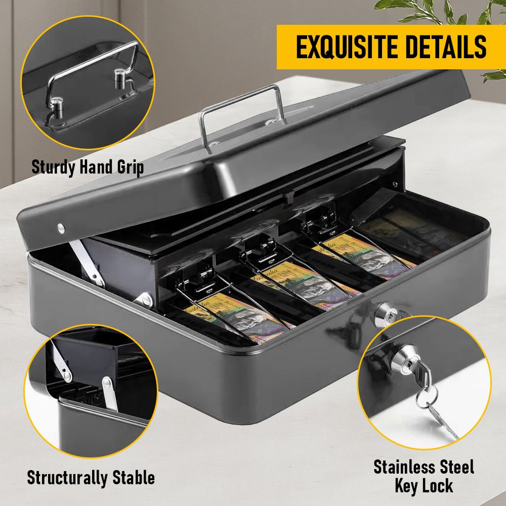 Lockable Cash Box with Coin Tray – Durable Metal Money Box with Key Lock for Bills & Change – Black