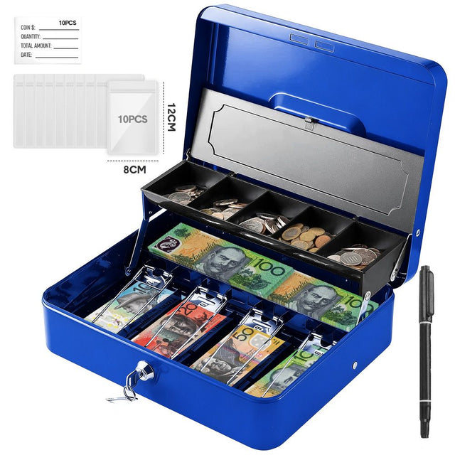 Lockable Cash Box w/ Coin Tray Metal Money Box Key Lock Bills Change Blue