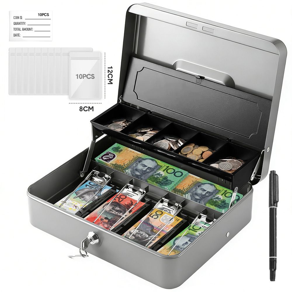Lockable Cash Box with Coin Tray – Durable Metal Money Box with Key Lock for Bills & Change – Grey