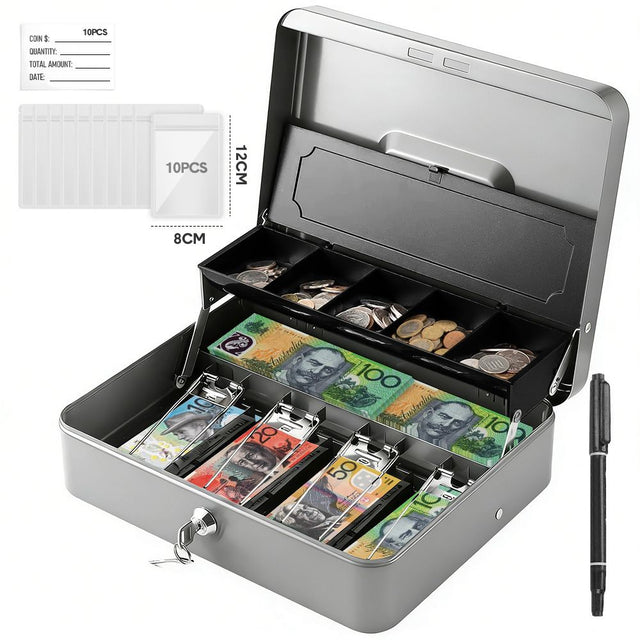 Lockable Cash Box w/ Coin Tray Metal Money Box Key Lock Bills Change Grey