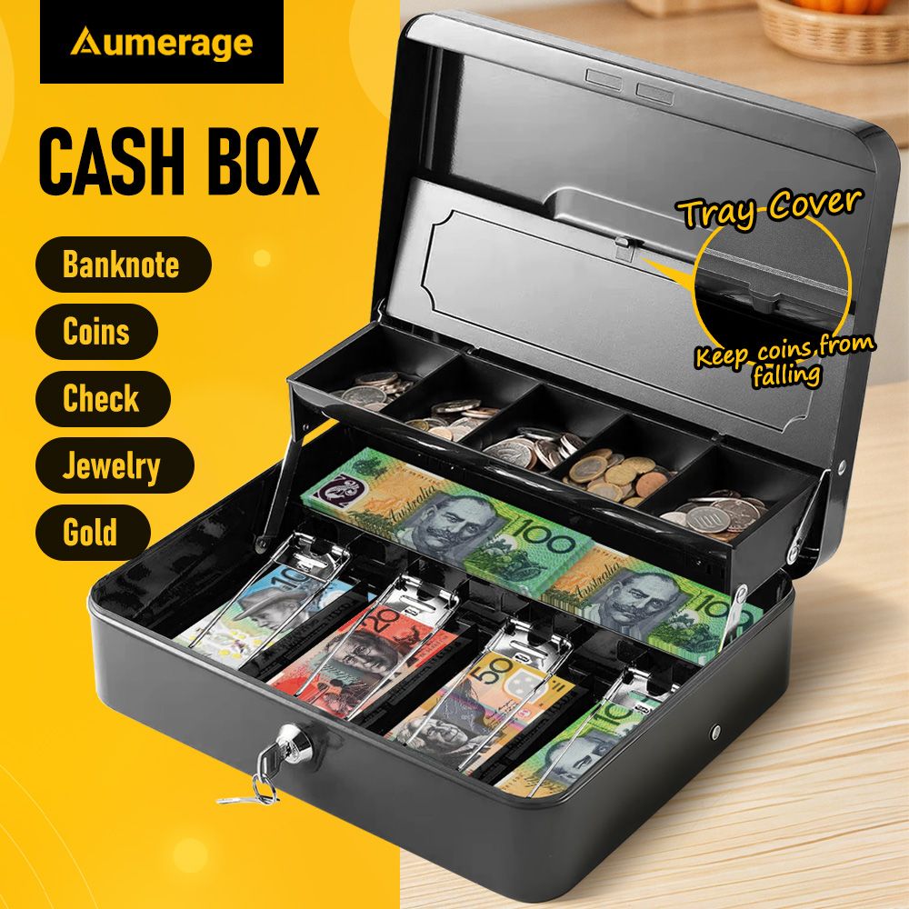 Lockable Cash Box with Coin Tray – Durable Metal Money Box with Key Lock for Bills & Change – Grey