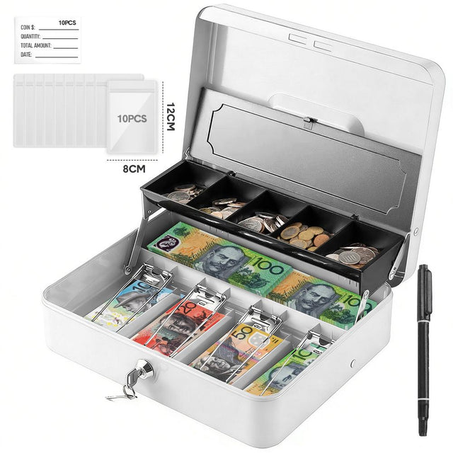 Lockable Cash Box w/ Coin Tray Metal Money Box Key Lock Bills Change White
