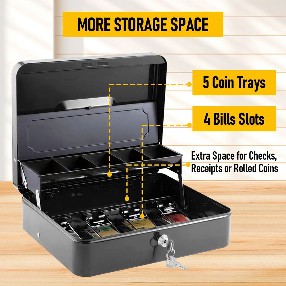 Lockable Cash Box with Coin Tray – Durable Metal Money Box with Key Lock for Bills & Change – White
