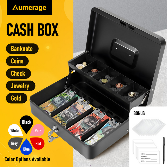 Cash Box w/ Security Locker & Security Cable Box Cash Saving Organizer Black