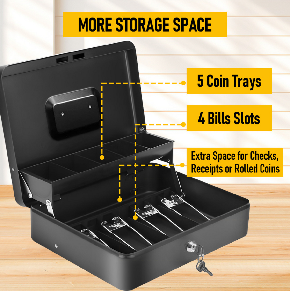 Cash Box With Security Locker And Security Cable, Money Box/Cash Tin With Money Tray For Saving Organizer-Black