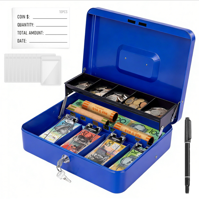 Cash Box w/ Security Locker & Security Cable Box Cash Saving Organizer Blue