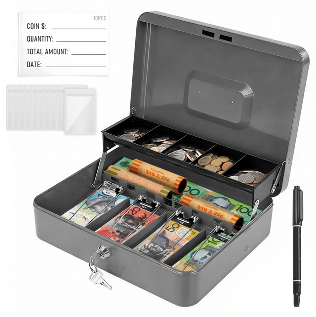 Cash Box w/ Security Locker & Security Cable Box Cash Saving Organizer Grey