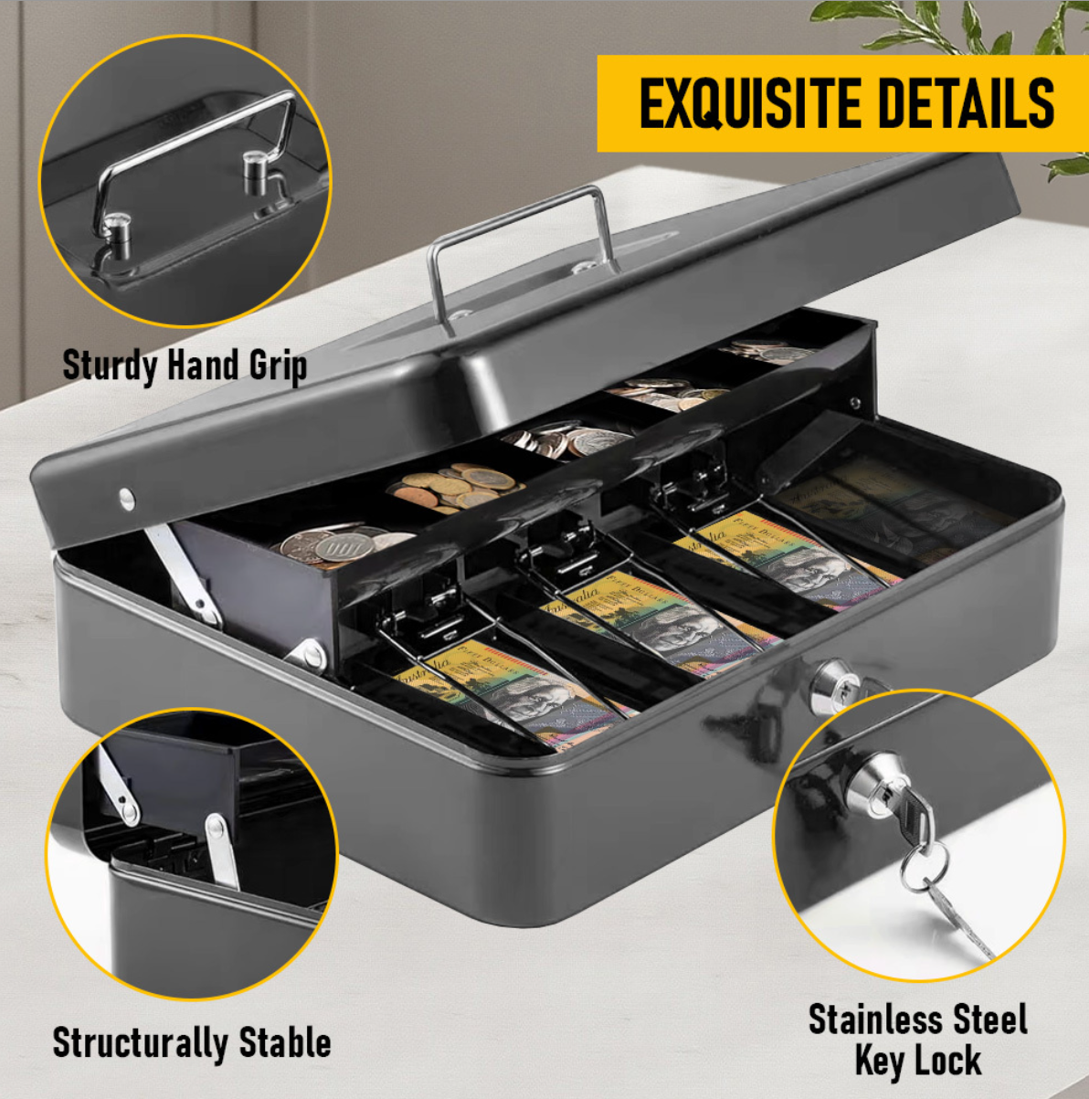 Cash Box With Security Locker And Security Cable, Money Box/Cash Tin With Money Tray For Saving Organizer-Grey
