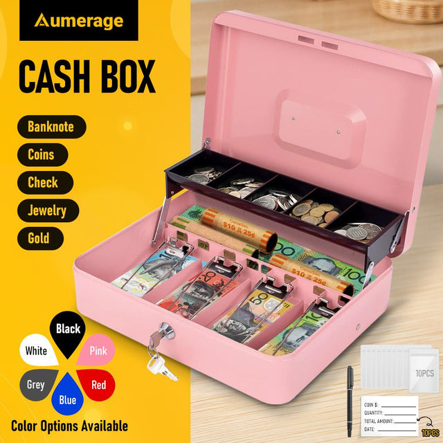 Cash Box w/ Security Locker & Security Cable Box Cash Saving Organizer Pink