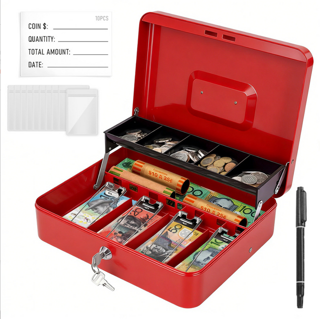 Cash Box w/ Security Locker & Security Cable Money Box Cash Saving Organizer Red