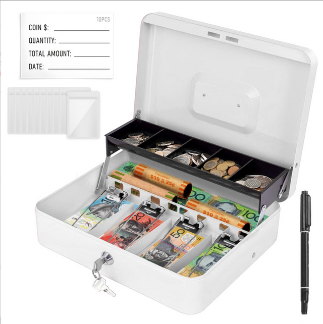 Cash Box w/ Security Locker & Security Cable Box Cash Saving Organizer White