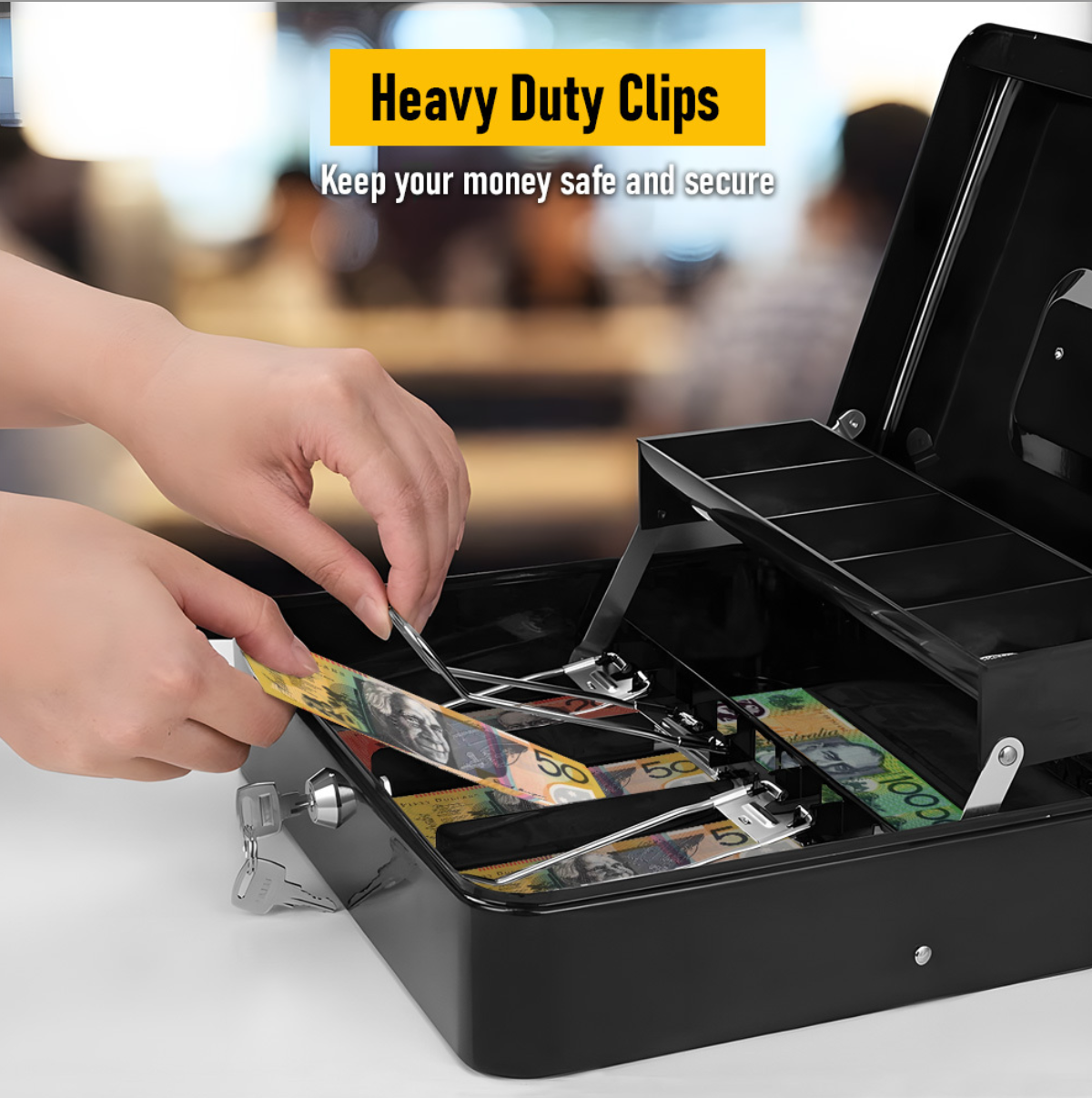 Cash Box With Security Locker And Security Cable, Money Box/Cash Tin With Money Tray For Saving Organizer-White