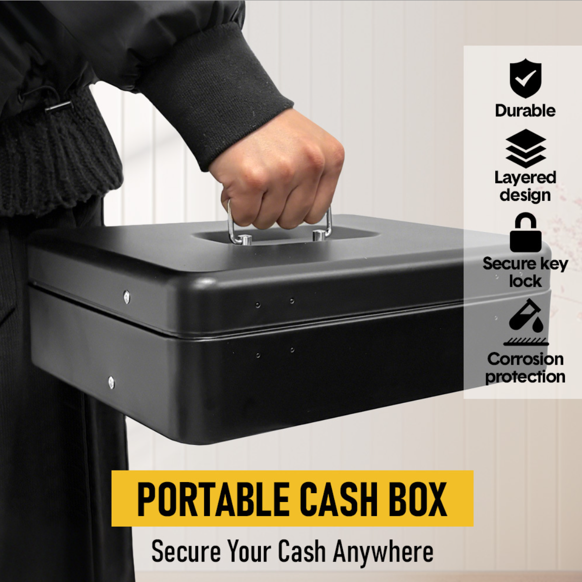 Cash Box With Security Locker And Security Cable, Money Box/Cash Tin With Money Tray For Saving Organizer-White