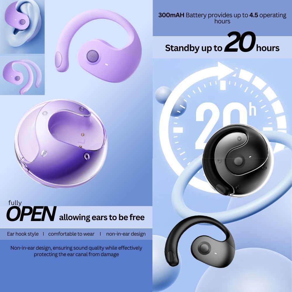 Open Ear Wireless Headphones Earphones Bluetooth 5.4 On Ear Sport Gym - Purple