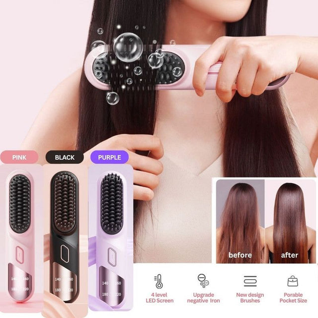 Cordless Hair Straightener Brush Ionic Straightening Comb 4000mAh-Black Black