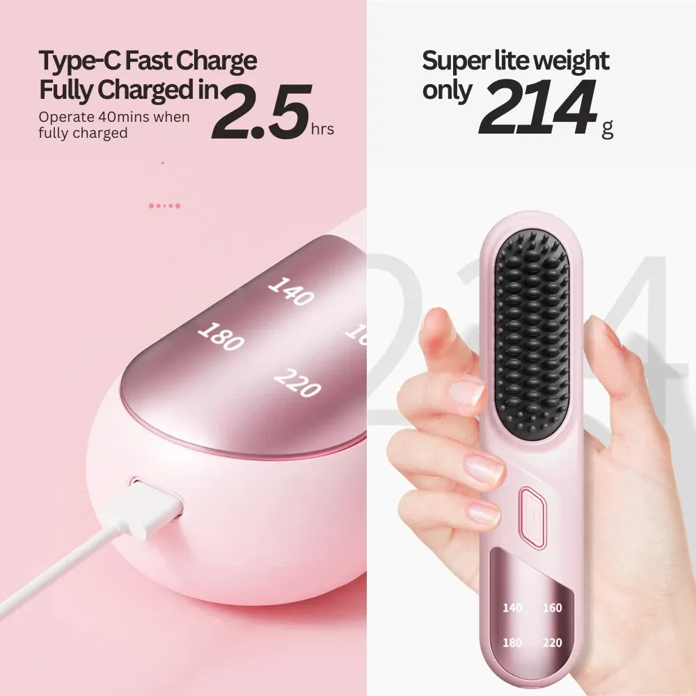 Cordless Hair Straightener Brush Portable Mini Ionic Straightening Comb 4000mAh-Black