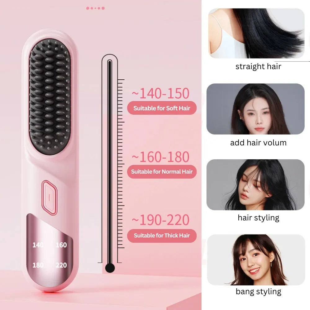 Cordless Hair Straightener Brush Portable Mini Ionic Straightening Comb 4000mAh-Black