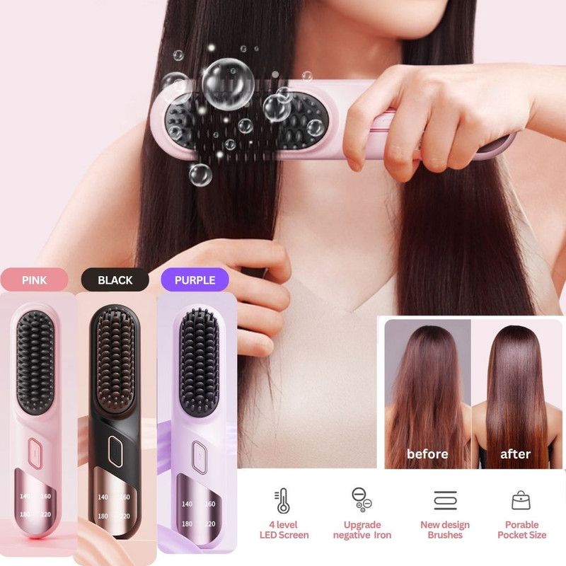 Cordless Hair Straightener Brush Portable Mini Ionic Straightening Comb 4000mAh-Pink