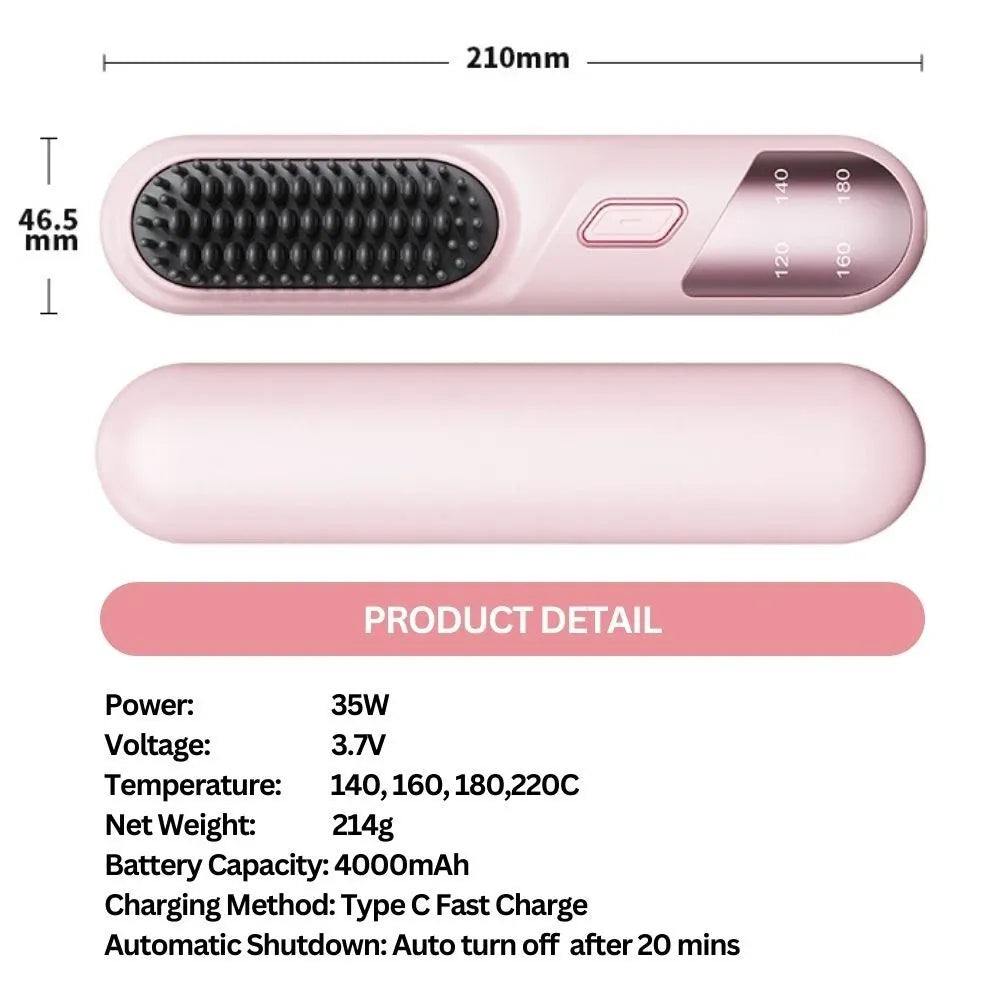 Cordless Hair Straightener Brush Portable Mini Ionic Straightening Comb 4000mAh-Pink