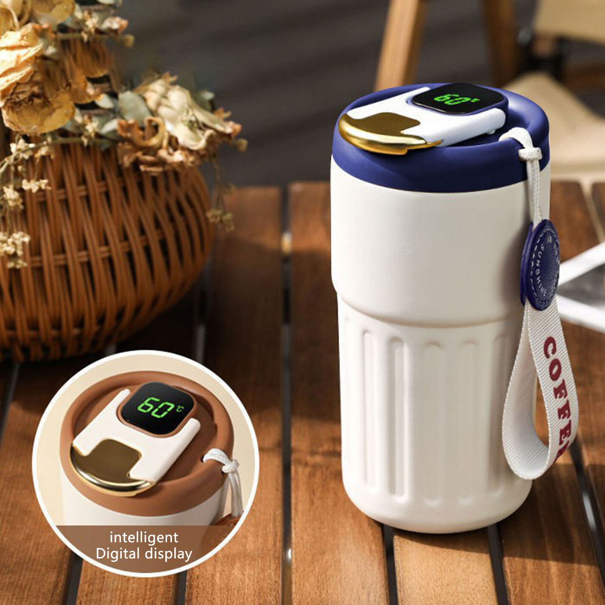 450ml Thermal LED Temperature Display Smart Coffee Cup Insulated Drink Tumbler-Blue