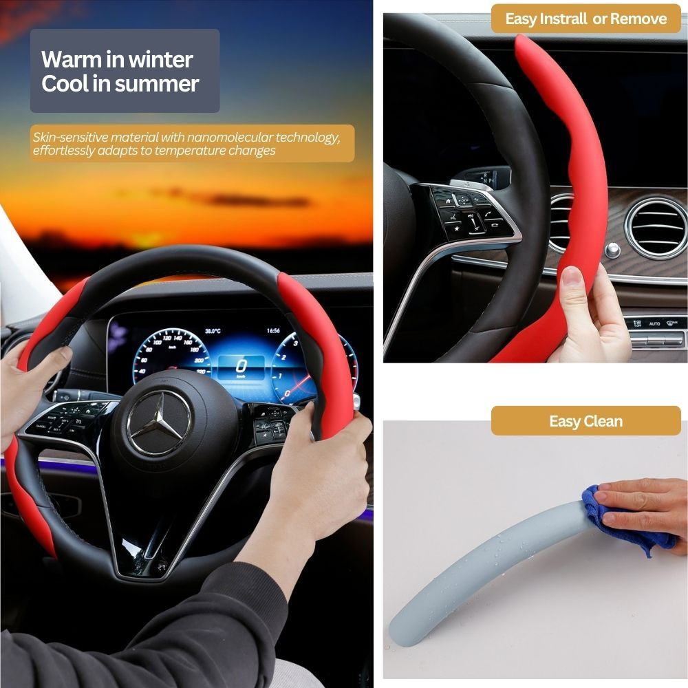 2Pcs Soft Breathable Anti-Slip Faux Leather Steering Wheel Protector Car Cover- Red