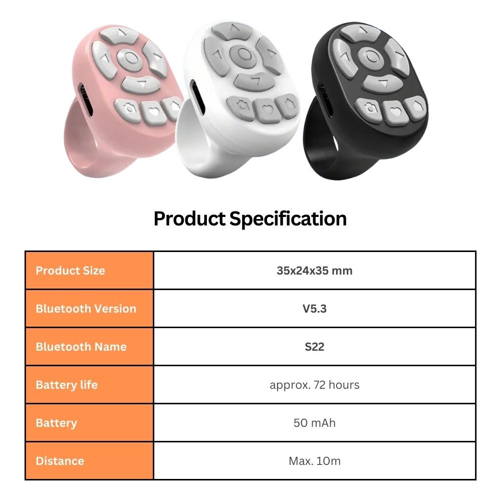 Scrolling Ring Remote Page Turner Wireless Finger Scroller Camera - White