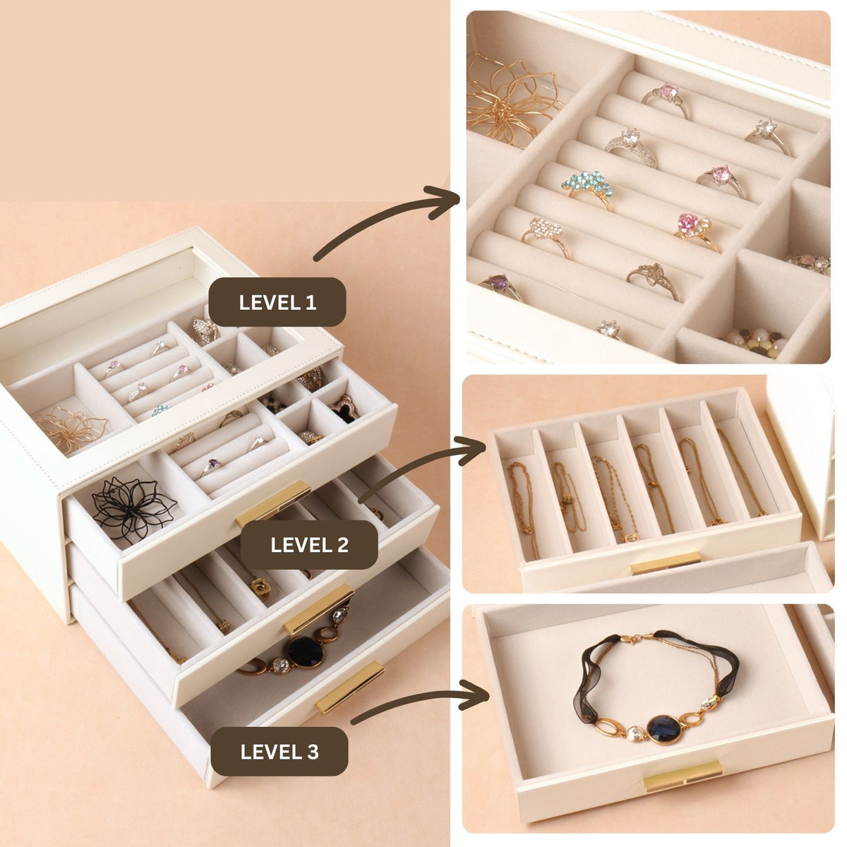 PU Leather Jewellery 3 Level Storage Box Drawer Organiser Gift
