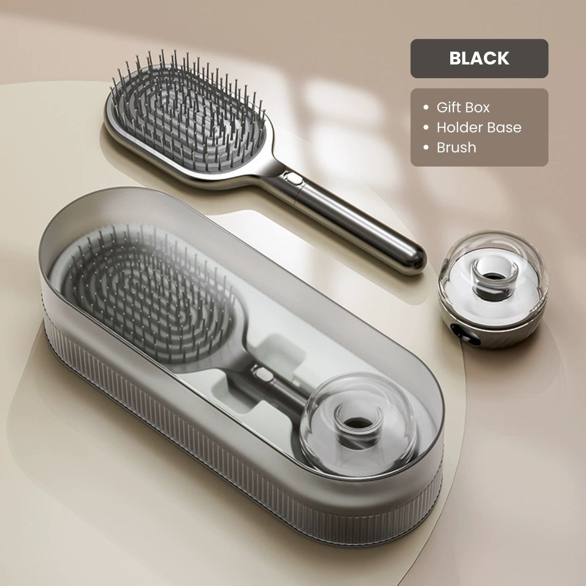 Air Cushion Massage Hair Brush Set with Wall Mount Holder Base - Black