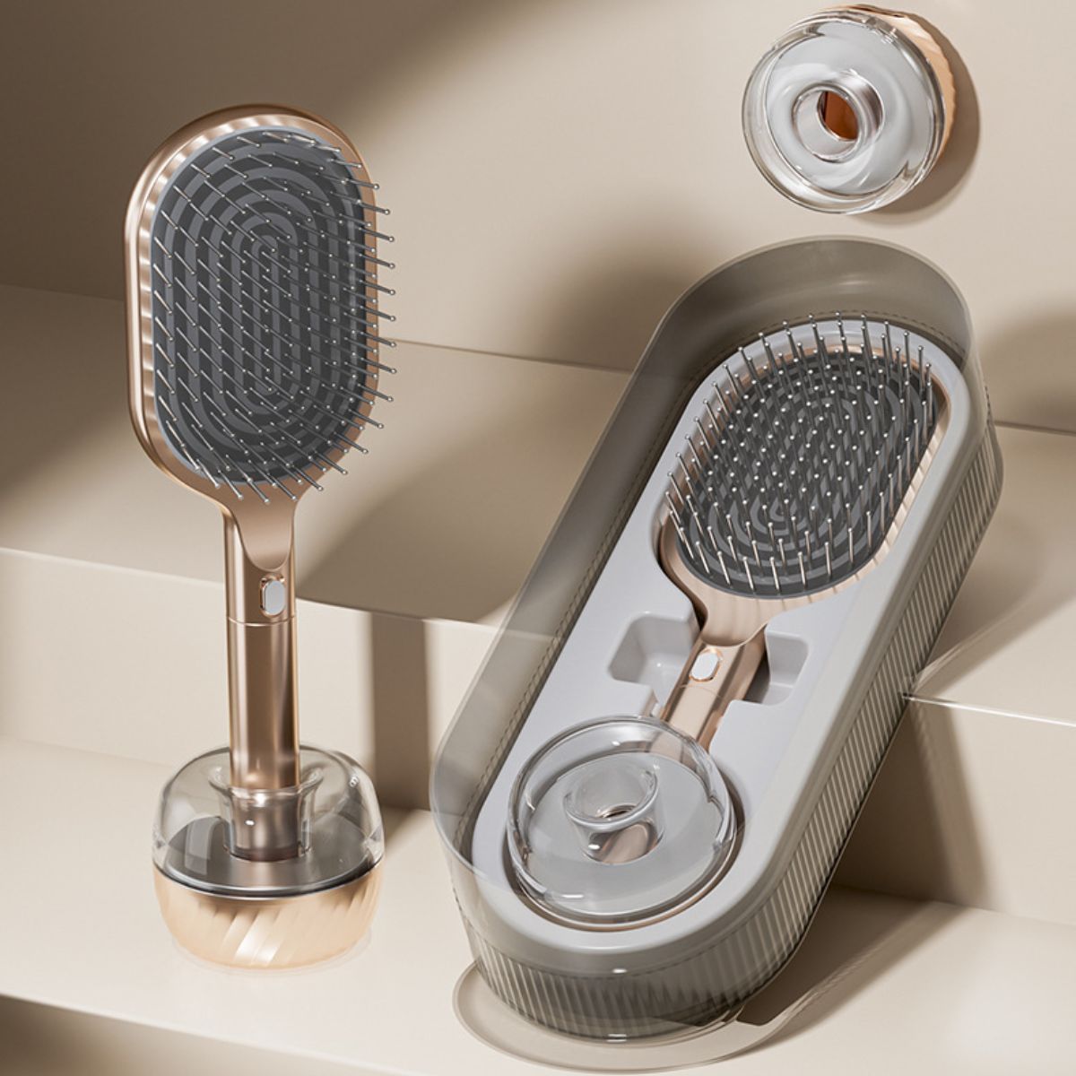 Air Cushion Massage Hair Brush Set with Wall Mount Holder Base - Golden