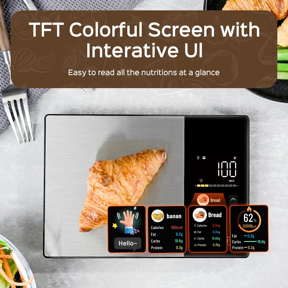Smart Digital Food Kitchen Scale with Nutritional Calculator, On-Screen Nutrient Info, Free App for Calorie & Macro Tracking, AI Scan, Personal Goals, for Weight Loss and Keto, 11lb/5kg
