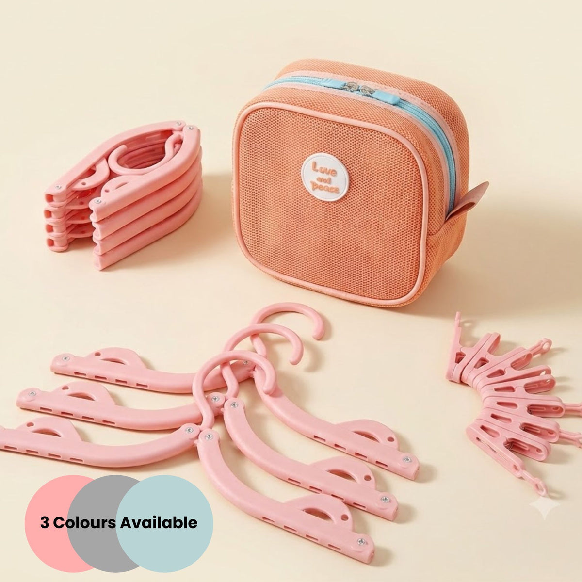 19 Pcs Portable Travel Folding Anti-Slip Clothes Hangers with Storage Bag & Pegs-Pink