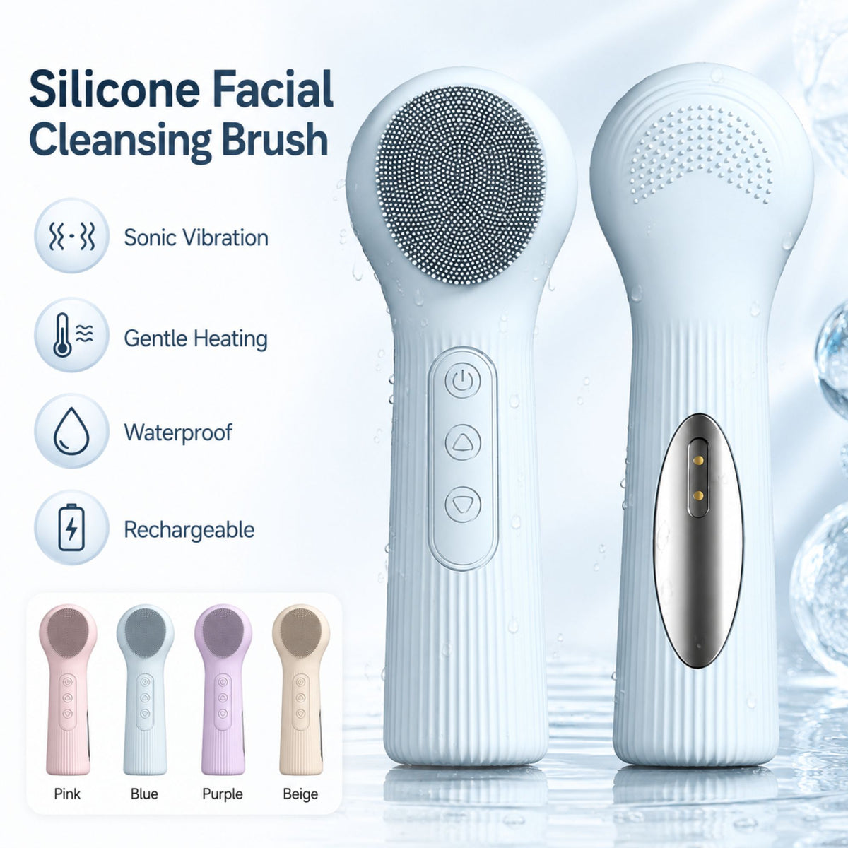 Silicone Facial Cleansing Brush Sonic Vibration Heating Waterproof Rechargeable-BLUE
