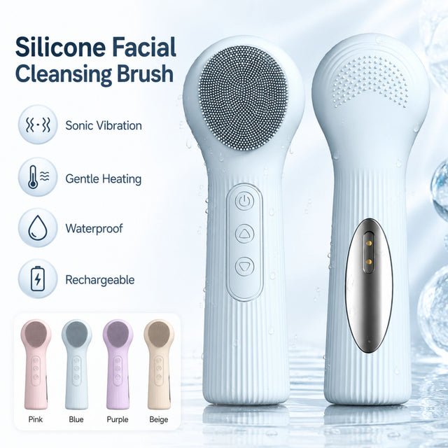 Silicone Facial Cleansing Brush Sonic Heating Waterproof Rechargeable BLUE