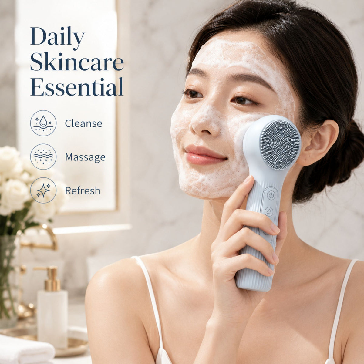 Silicone Facial Cleansing Brush Sonic Vibration Heating Waterproof Rechargeable-BLUE