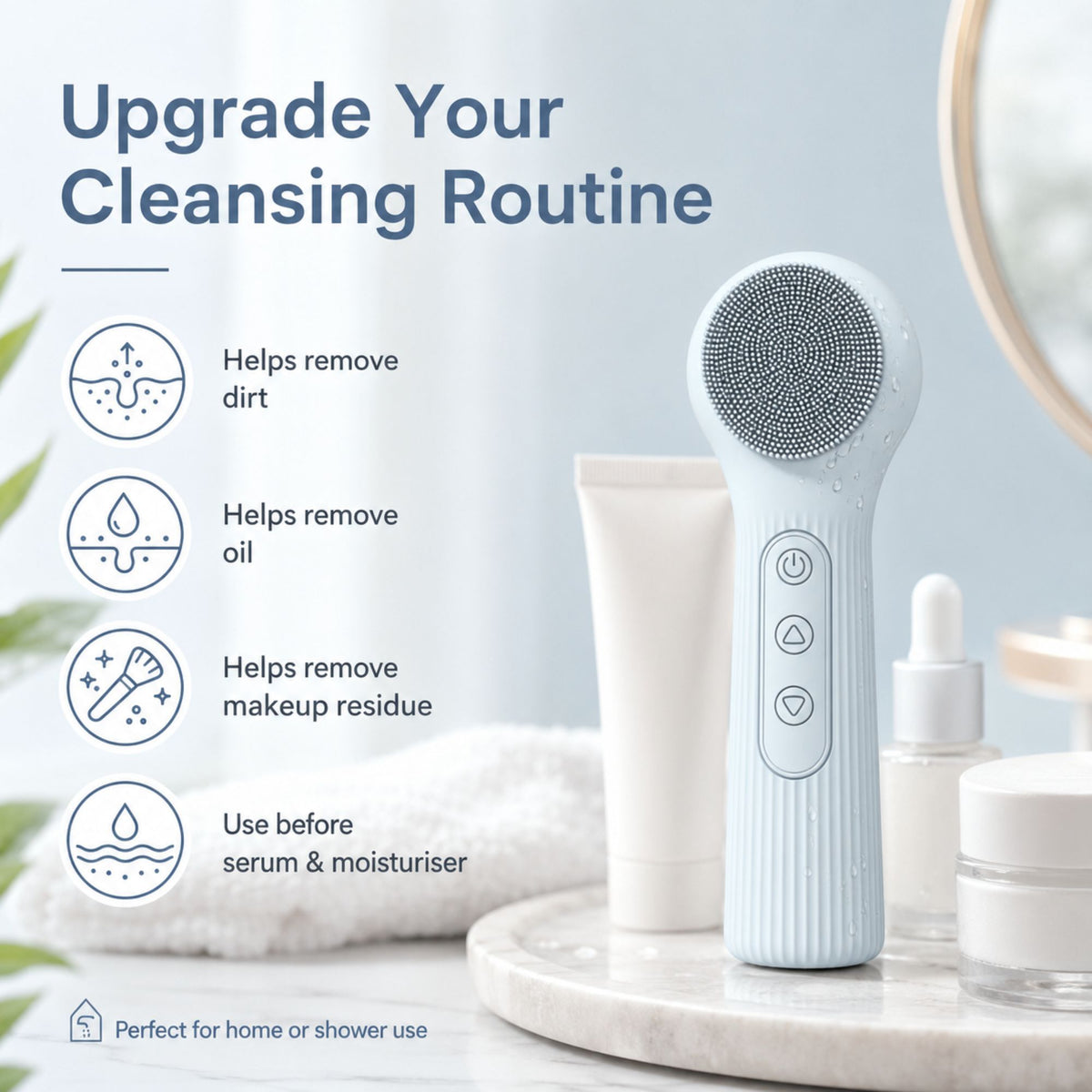 Silicone Facial Cleansing Brush Sonic Vibration Heating Waterproof Rechargeable-BLUE