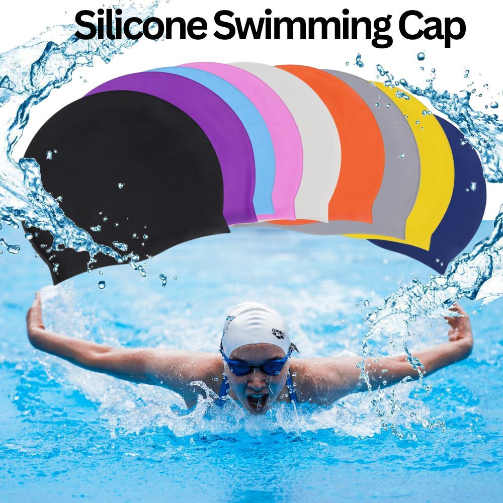 Silicone Swimming Cap Large Waterproof Swim Hat for Long Hair Men Women Adults-Navy