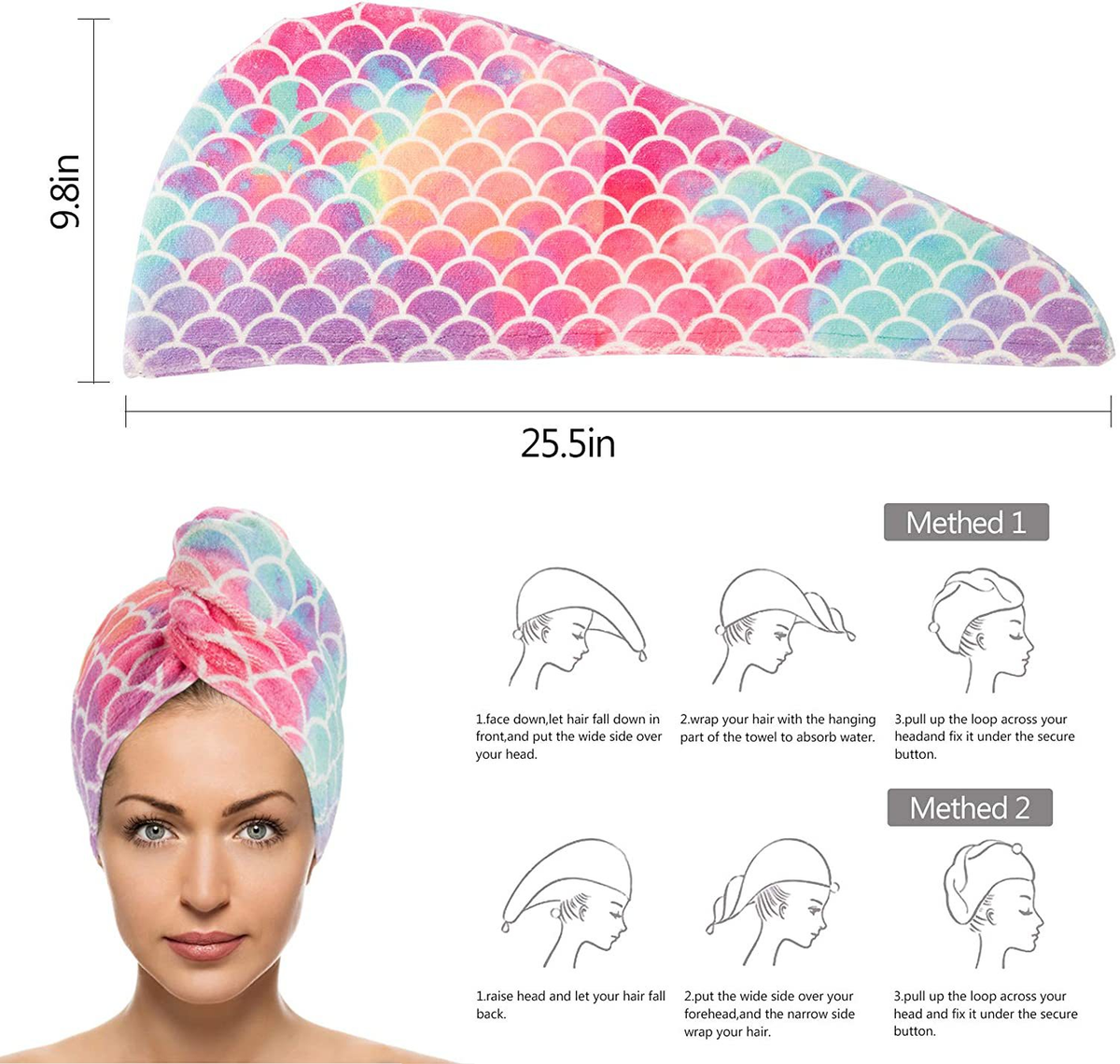 Fast Dry Microfiber Hair Drying Towel Turban Bath Head Wrap Hat Spa Fish Scales