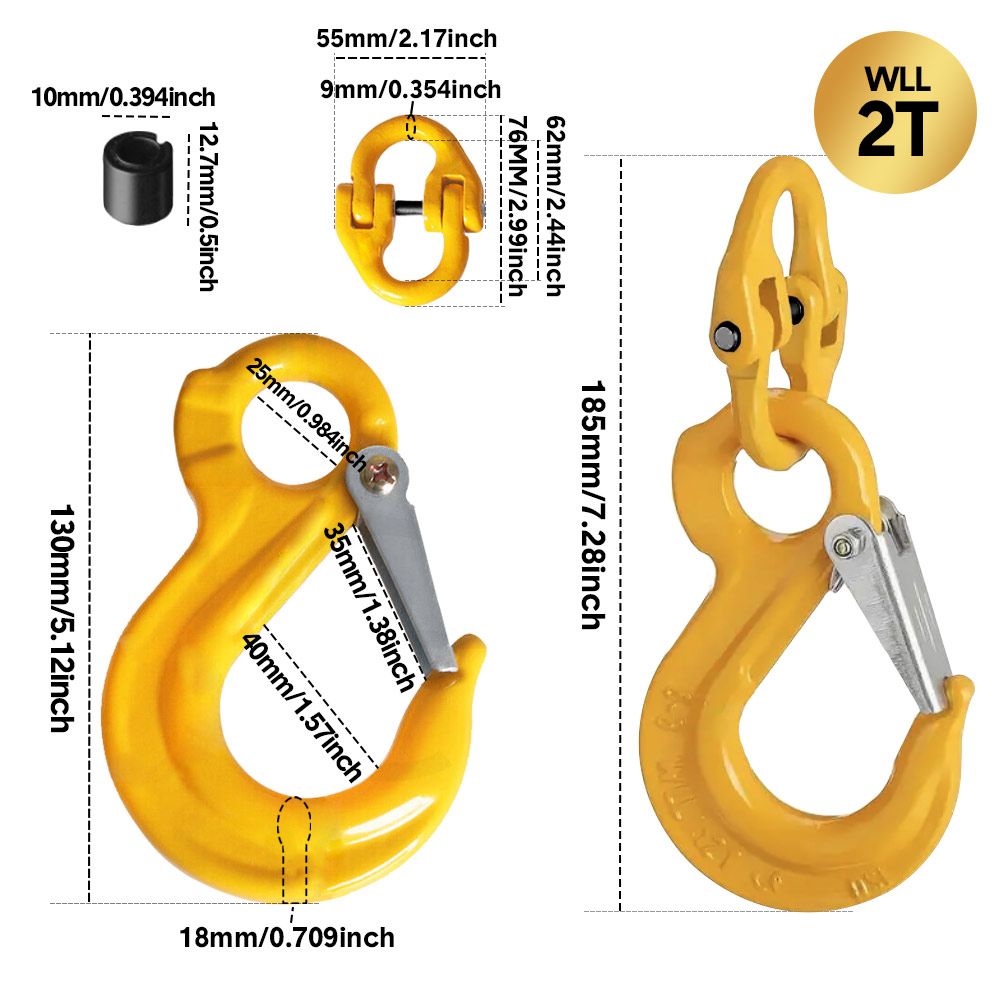 2SETS 2T Sling Hook With Hammerlock Heavy Duty Safety Latch Swivel Winch Hook For Trailer Safety Chain-Yellow