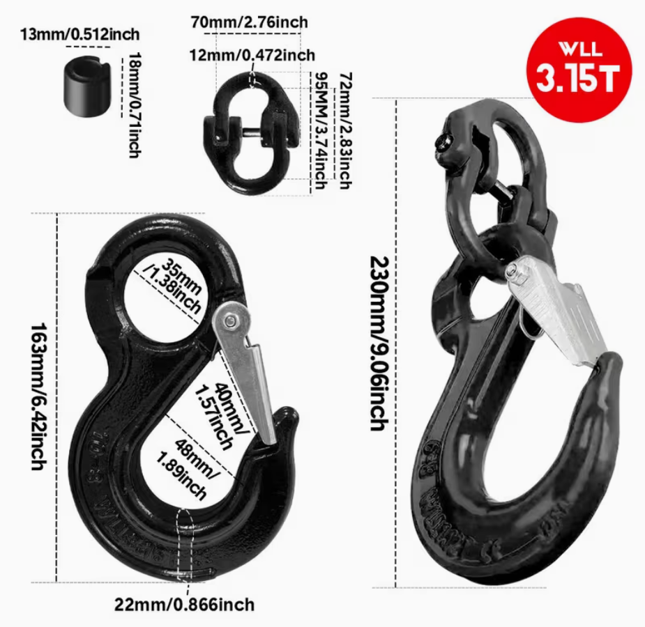 2SET 3.15T Sling Hook Heavy Duty Hammerlock/Slip Hook Kit With Swivel Winch & Safety Latch-Black