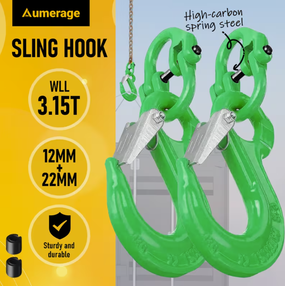 2SET 3.15T Sling Hook Heavy Duty Hammerlock/Slip Hook Kit With Swivel Winch & Safety Latch-Green