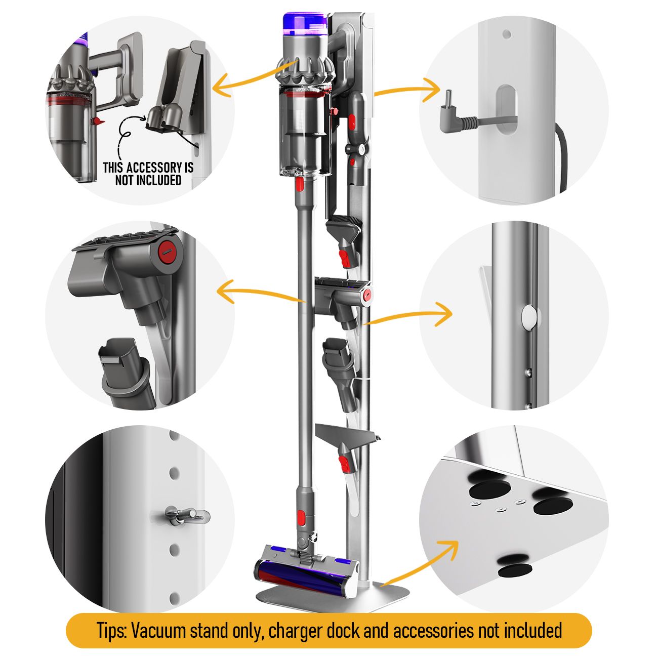 Freestanding Holder for Dyson Vacuum Stand – Suitable for Dyson V6 V7 V8 V10 V11 V12 V15 Gen5 & DC series Vacuum Cleaners, Elegant & Stable Standing Dock Accessory Storage Stand for Dyson Stand