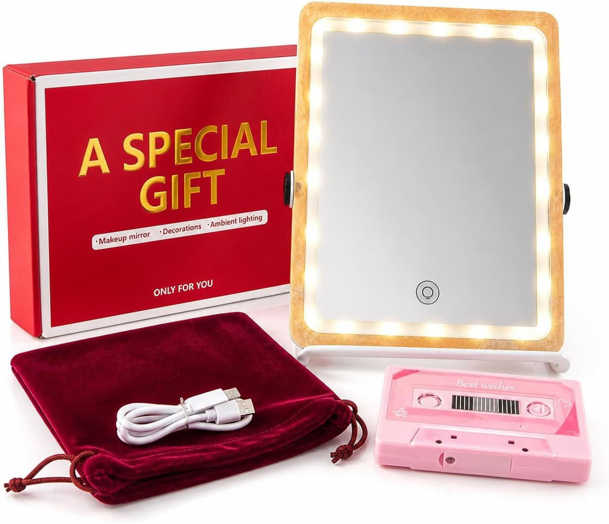 Gifts Set for Women, Wife, Girl Friend, LED Vanity Makeup Mirror with Adjustable Rack, Portable Travel Mirror Touch Control Light Strip, Compact Design for Home & Travel