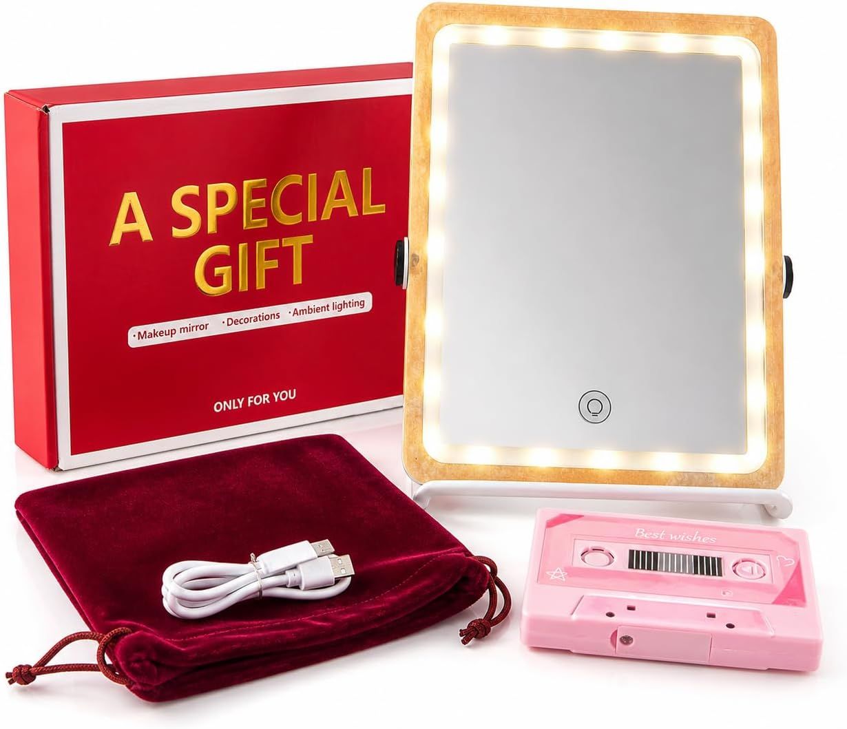 Gifts Set for Women, Wife, Girl Friend, LED Vanity Makeup Mirror with Adjustable Rack, Portable Travel Mirror Touch Control Light Strip, Compact Design for Home & Travel