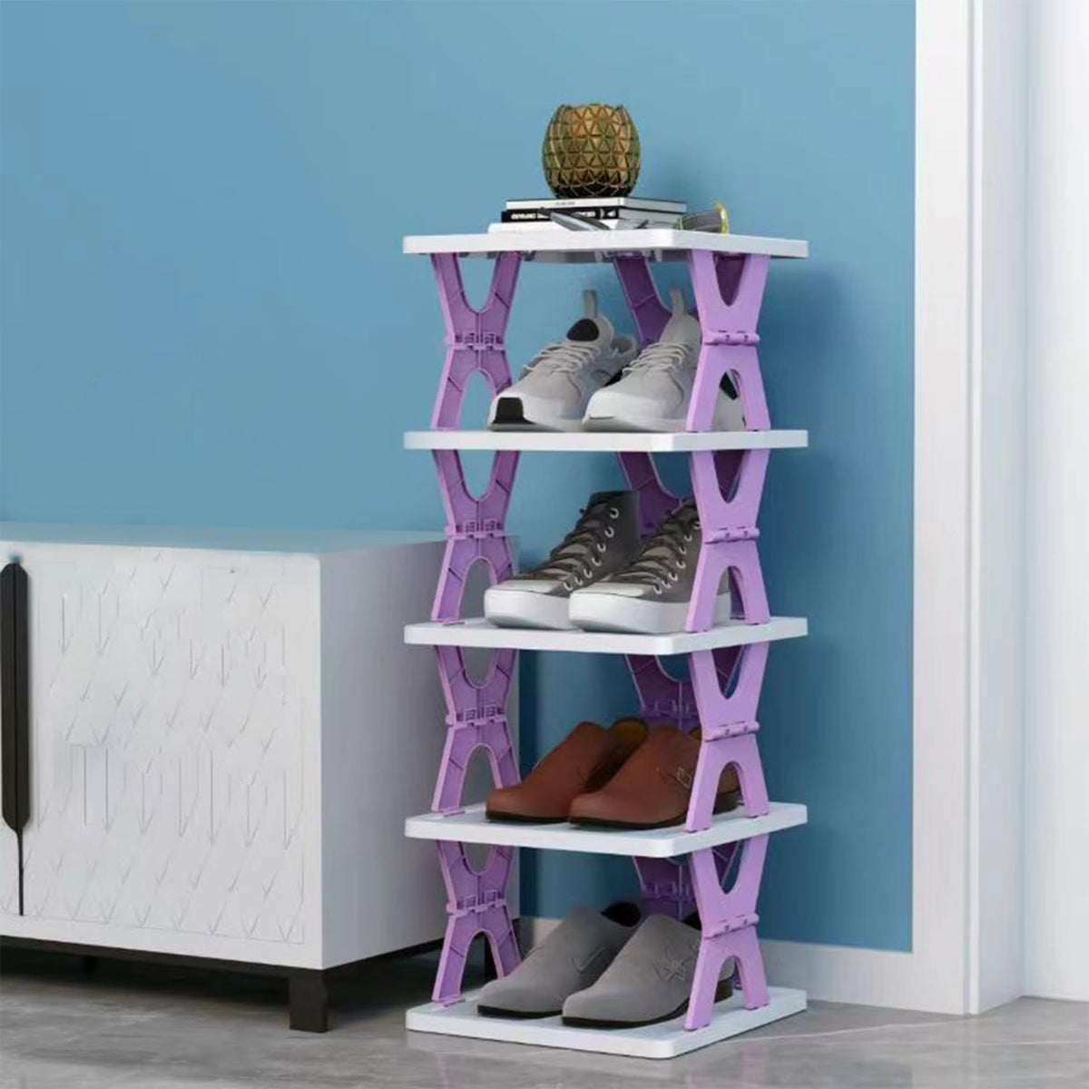 5-tier Vertical Shoe Rack Foldable, Corner Shelf for Narrow Space,Purple