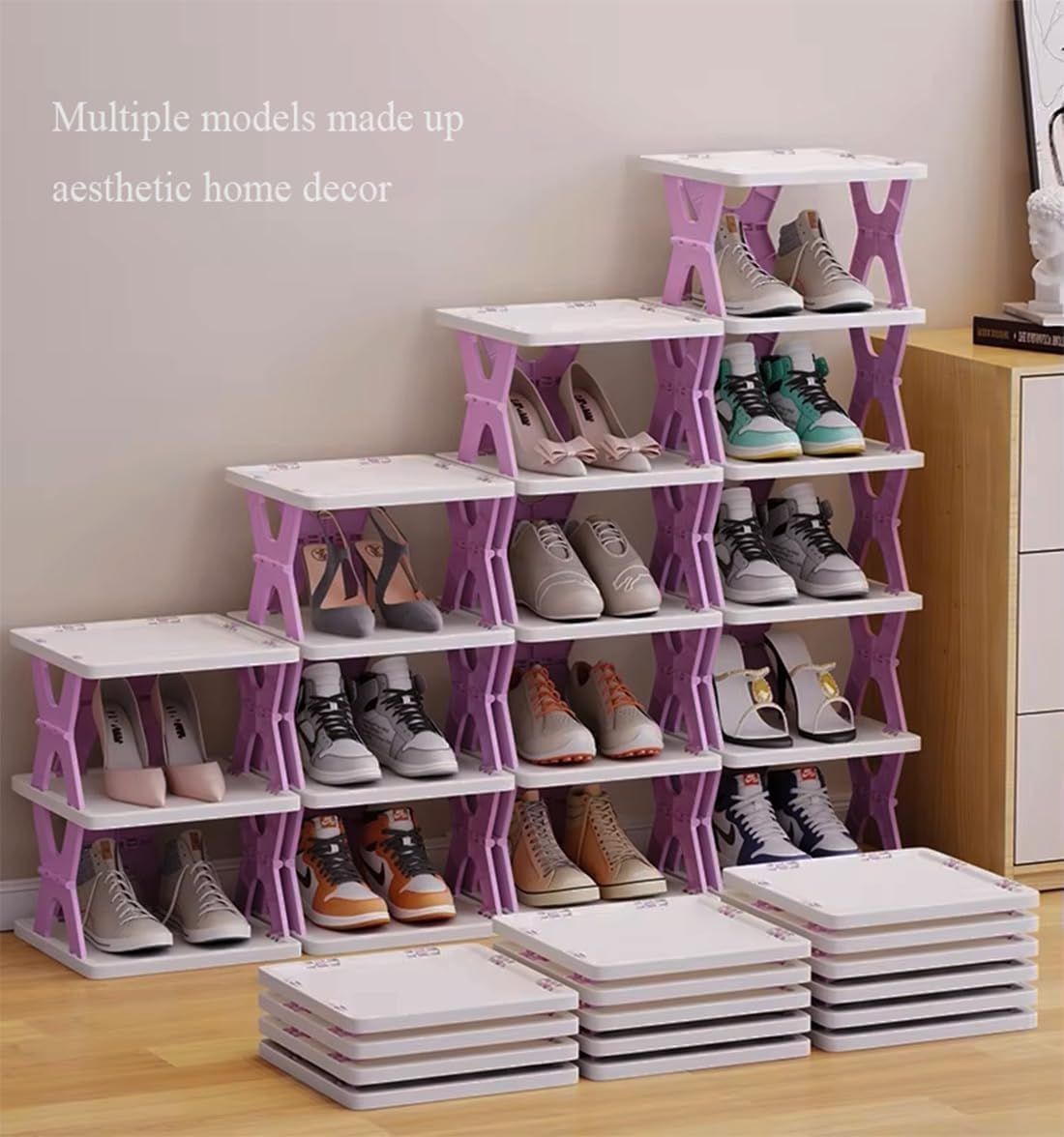 5-tier Vertical Shoe Rack Foldable, Corner Shelf for Narrow Space,Purple