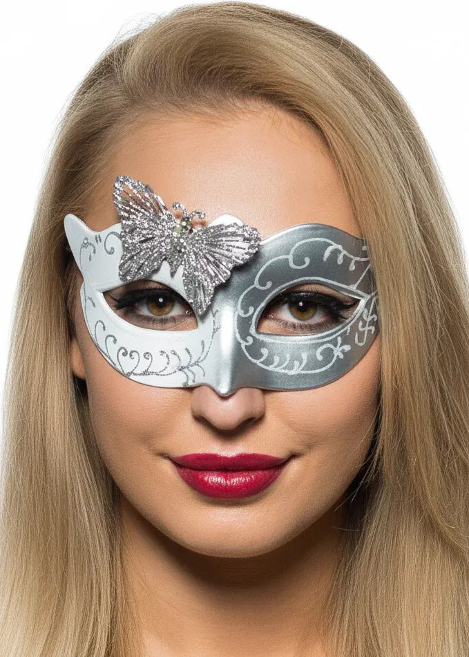 Butterfly Venetian Masquerade Mask in White and Silver