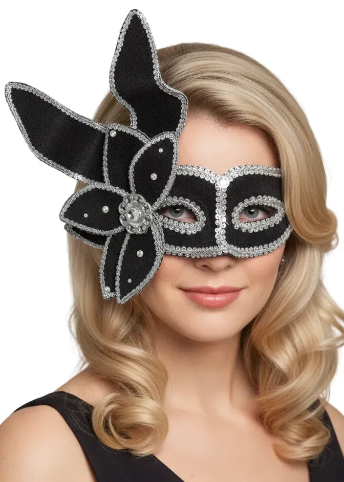 Luxury Elaborate Leaf Masquerade Mask, Black and Silver